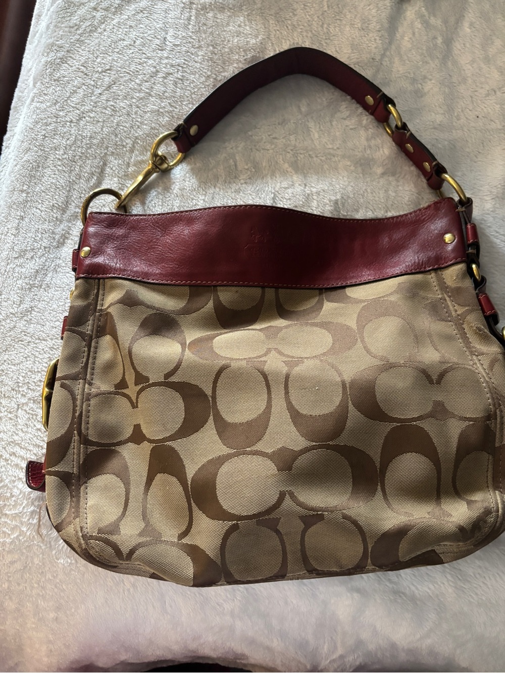 Coach Zoe Signature Jacquard Shoulder Bag with Red Leather Trim